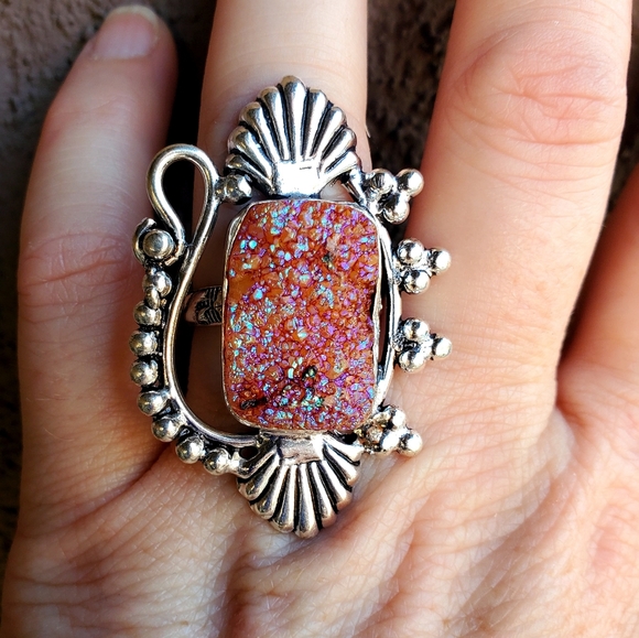 New Unique Titanium Druzy 925 Silver Ring. - Picture 5 of 16